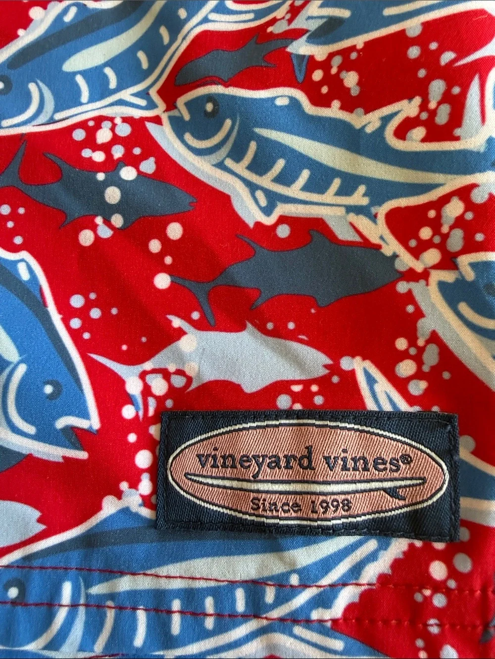 Vineyard Vines Kids Red Marlin Swim Trunks with Blue Accents